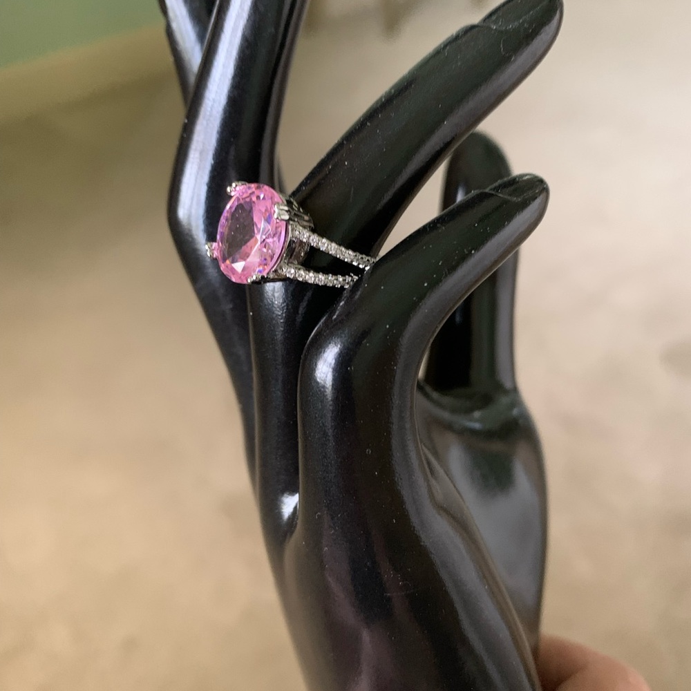 Ring Pink Large Simulated Sapphire and CZ Silver 925 Stamped New Size 5.75